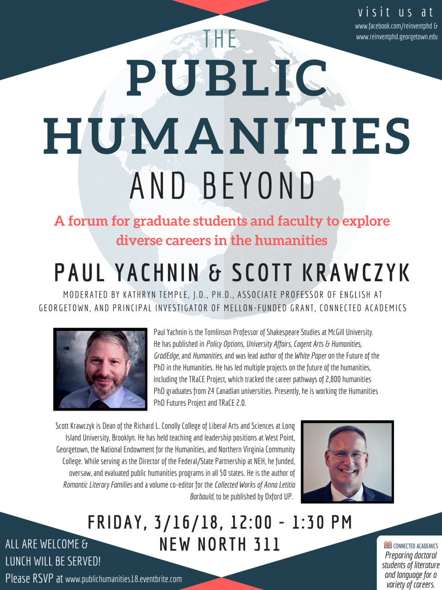 The Public Humanities and Beyond - a forum for graduate students and faculty to explore diverse careers in the humanities - Paul Yachnin and Scott Krawcyk - March 16, 2018