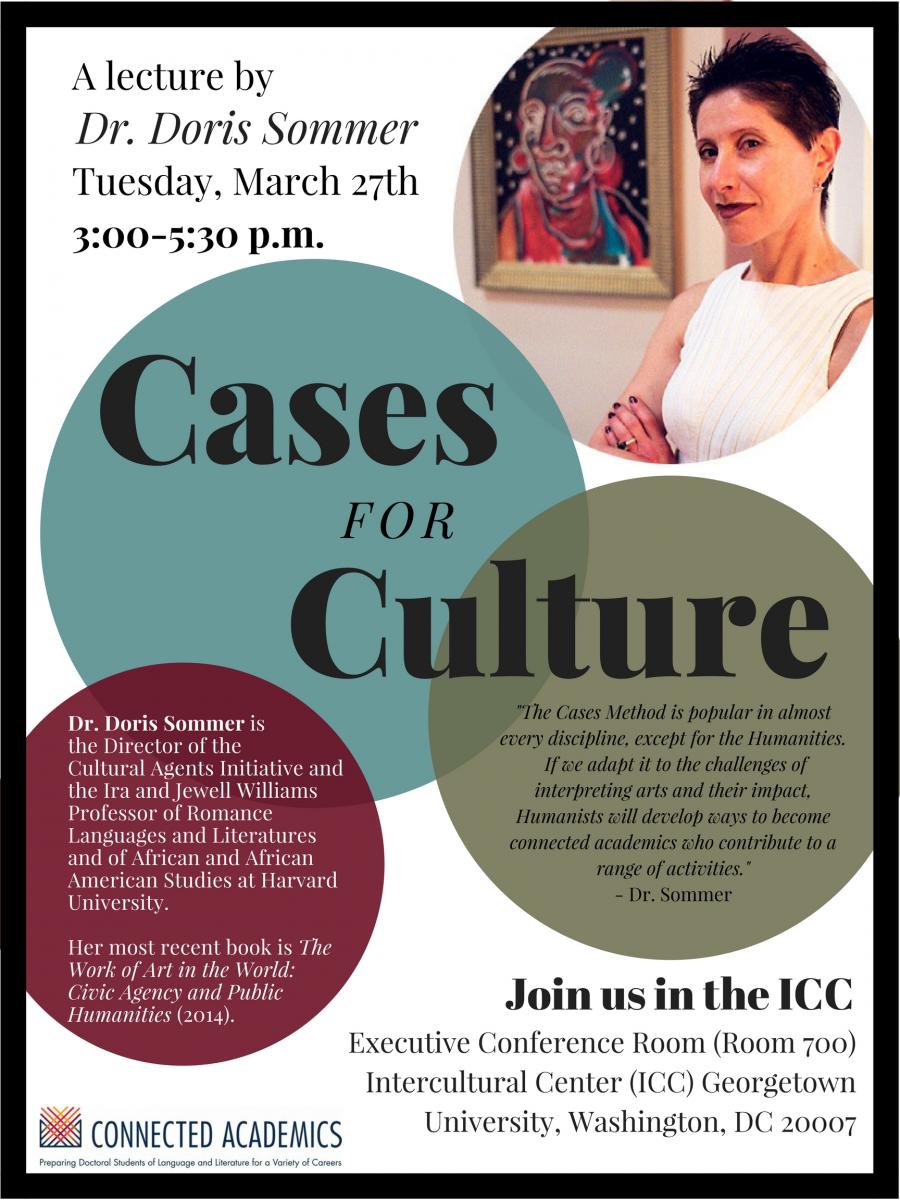 A lecture by Dr. Doris Sommer, Tuesday, March 27th, 3pm to 5:30 Pm - Cases For Culture - Executive Conference Room (Room 700) Intercultural Center Georgetown